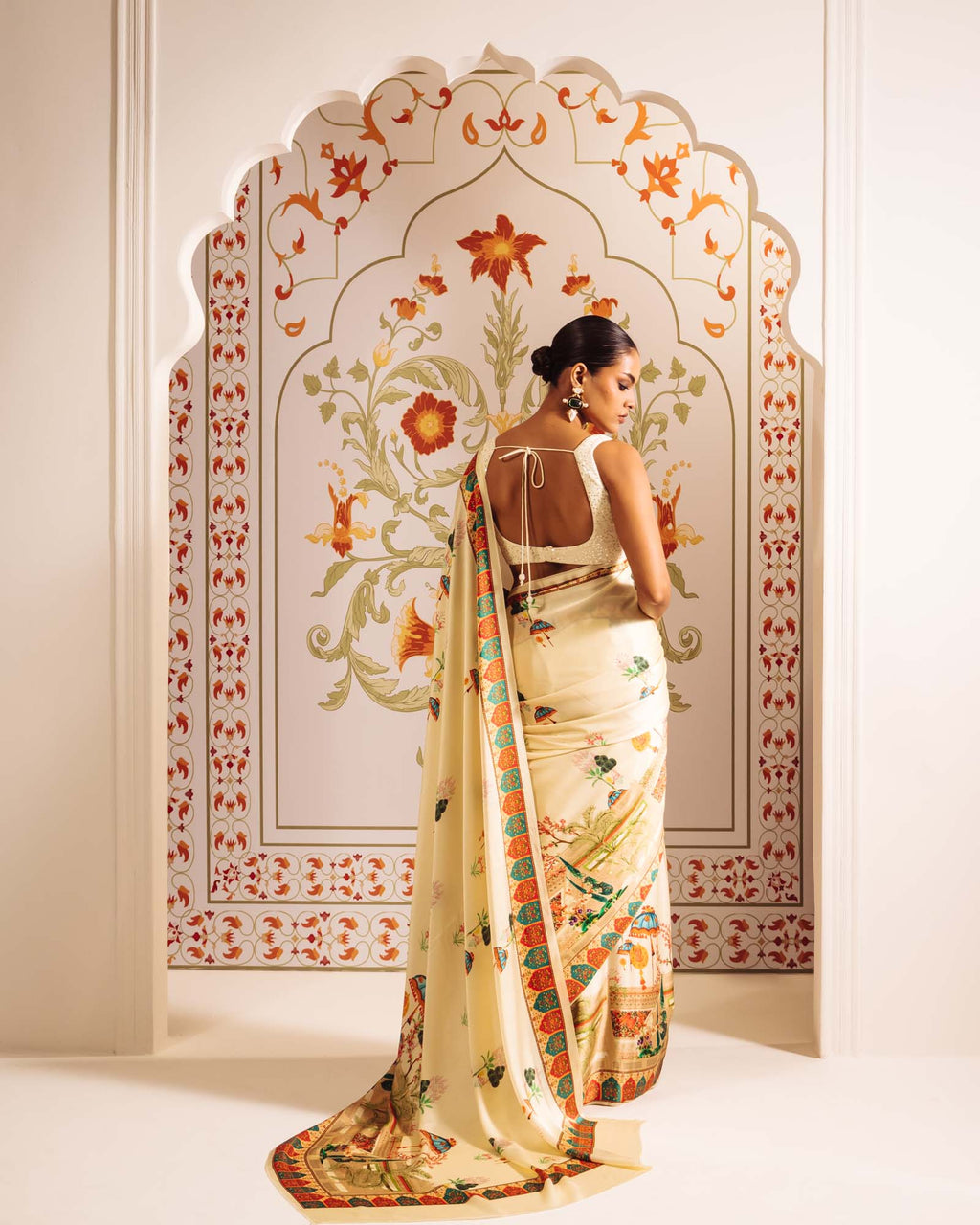 Cream Satin Crepe Silk Saree