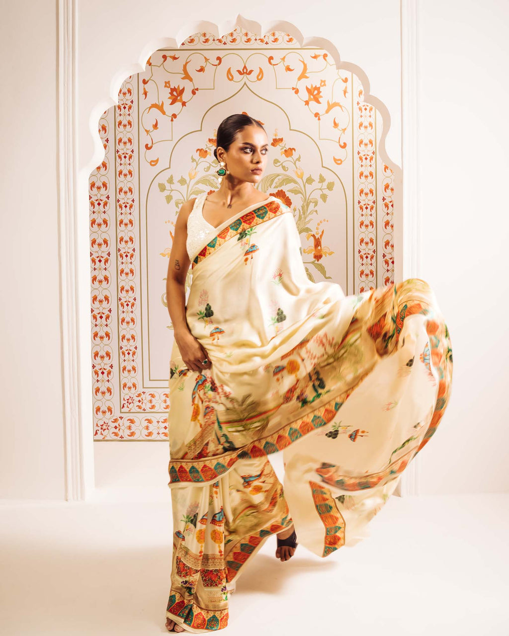 Cream Satin Crepe Silk Saree