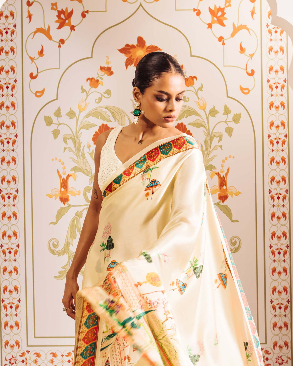 Cream Satin Crepe Silk Saree