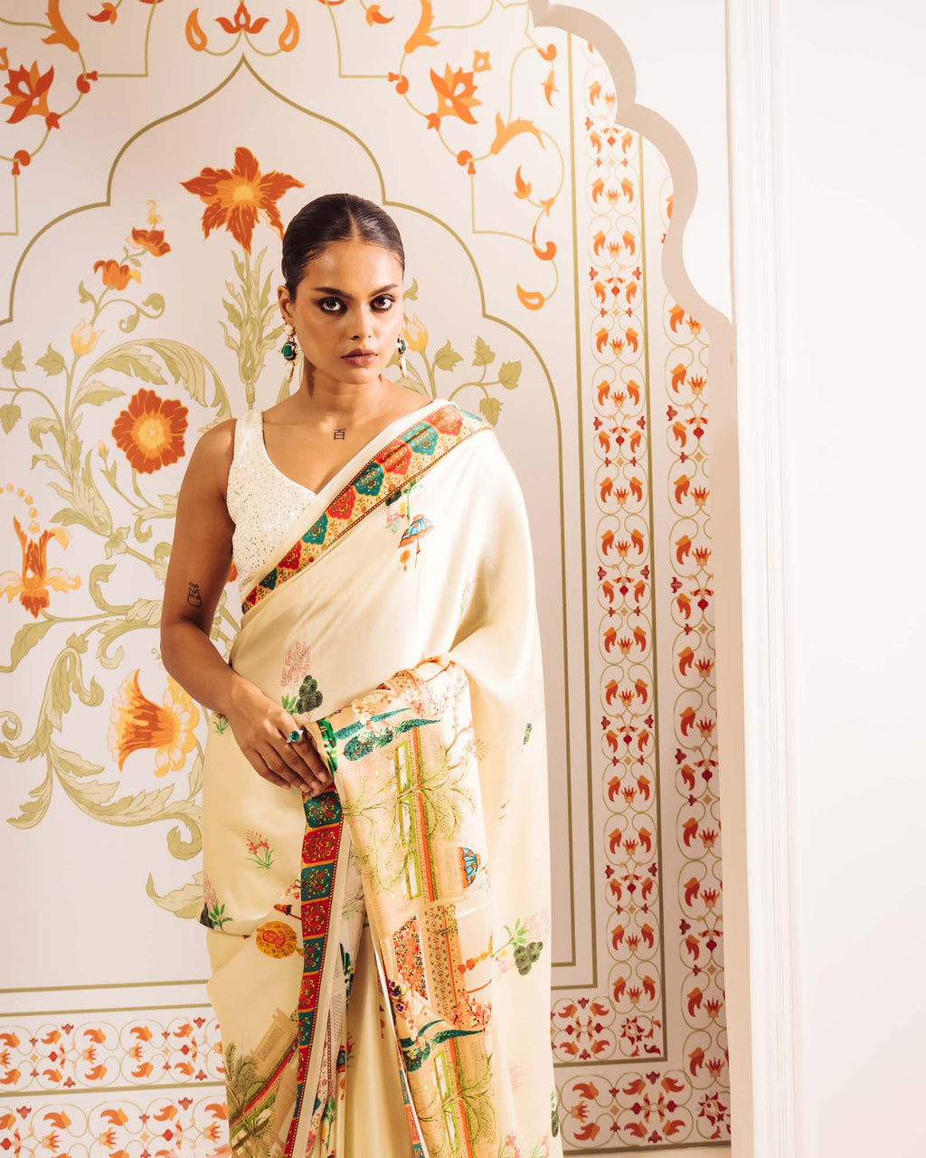 Cream Satin Crepe Silk Saree