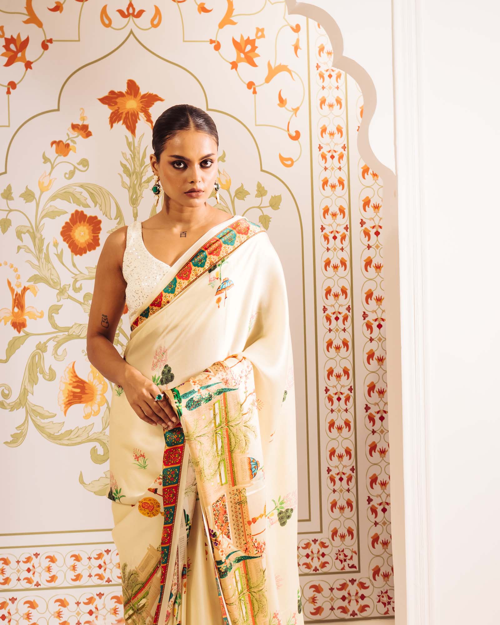 Cream Satin Crepe Silk Saree