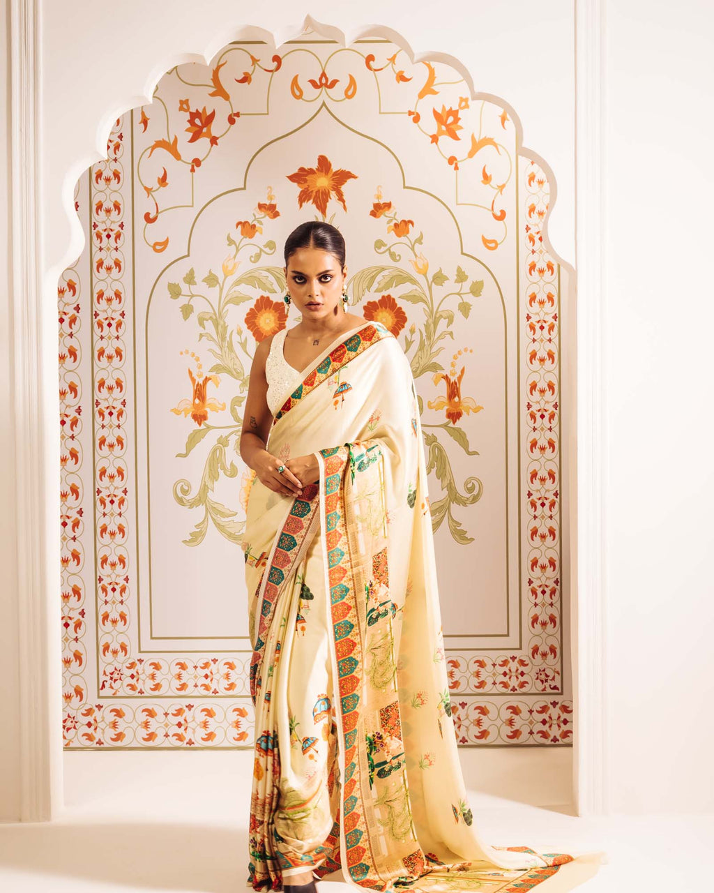 Cream Satin Crepe Silk Saree