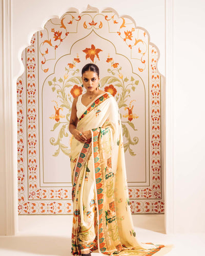 Cream Satin Crepe Silk Saree