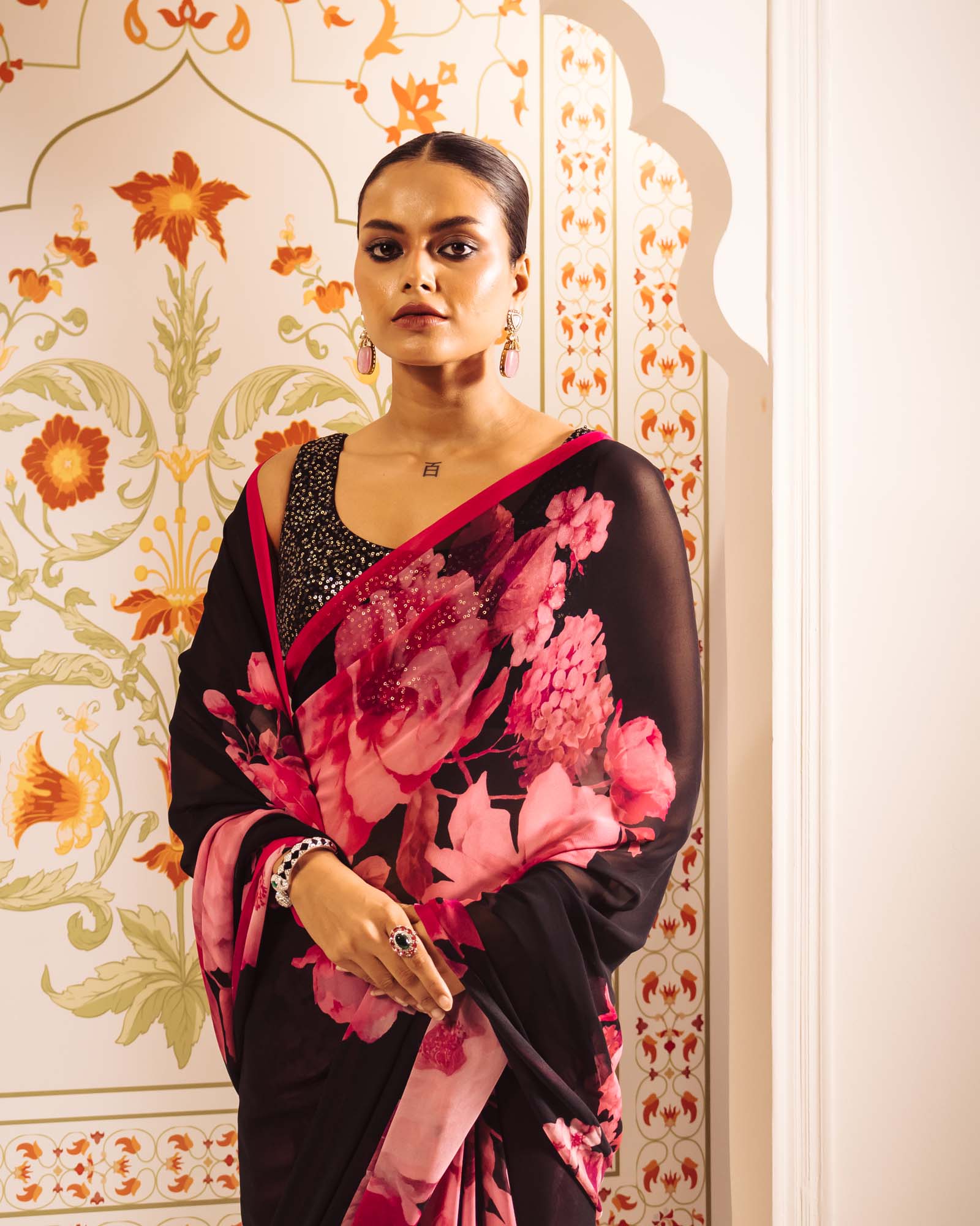 Black Satin Crepe Saree