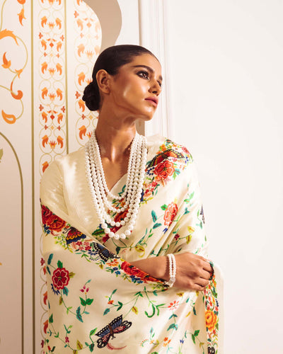 White Satin Crepe Silk Saree