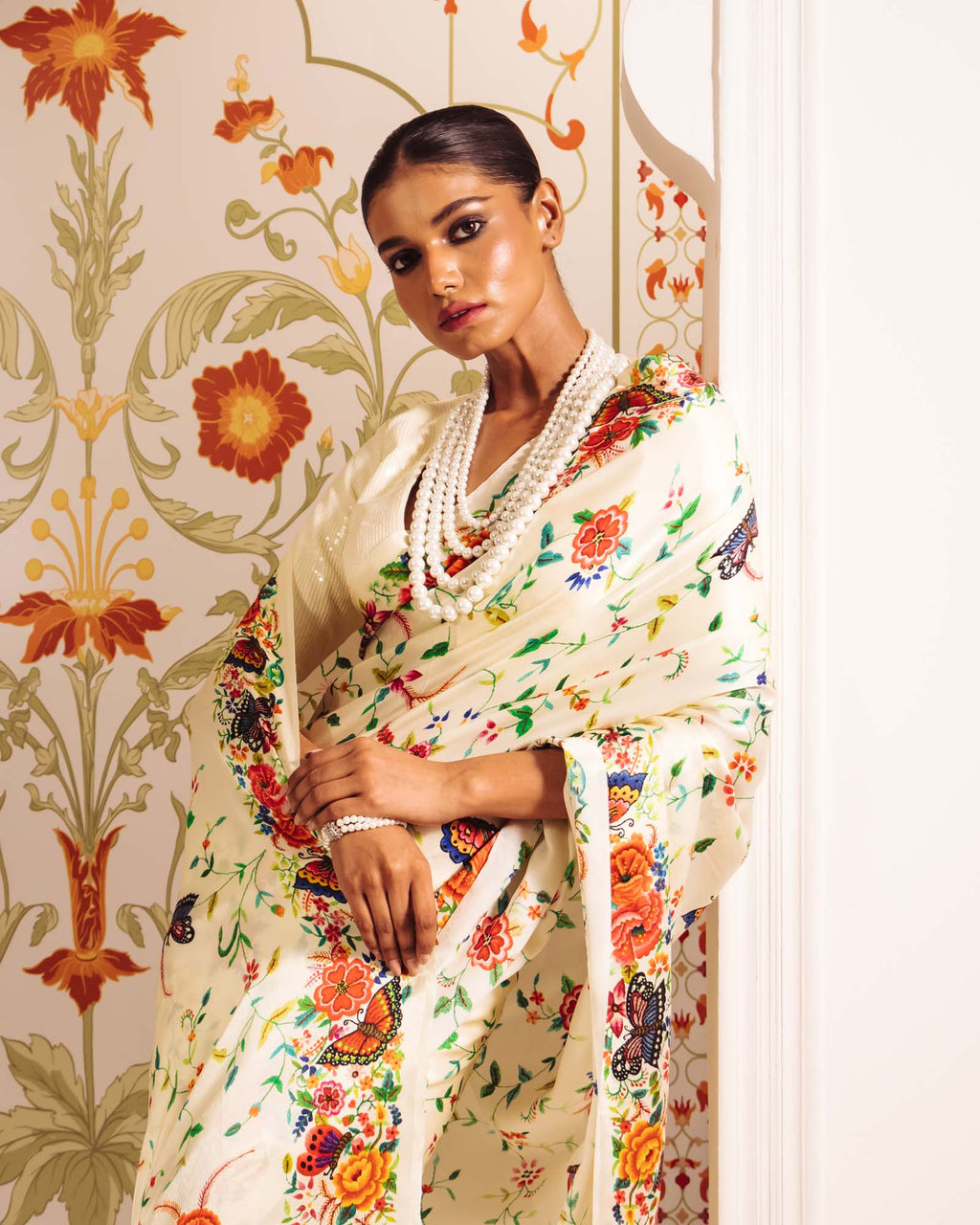 White Satin Crepe Silk Saree
