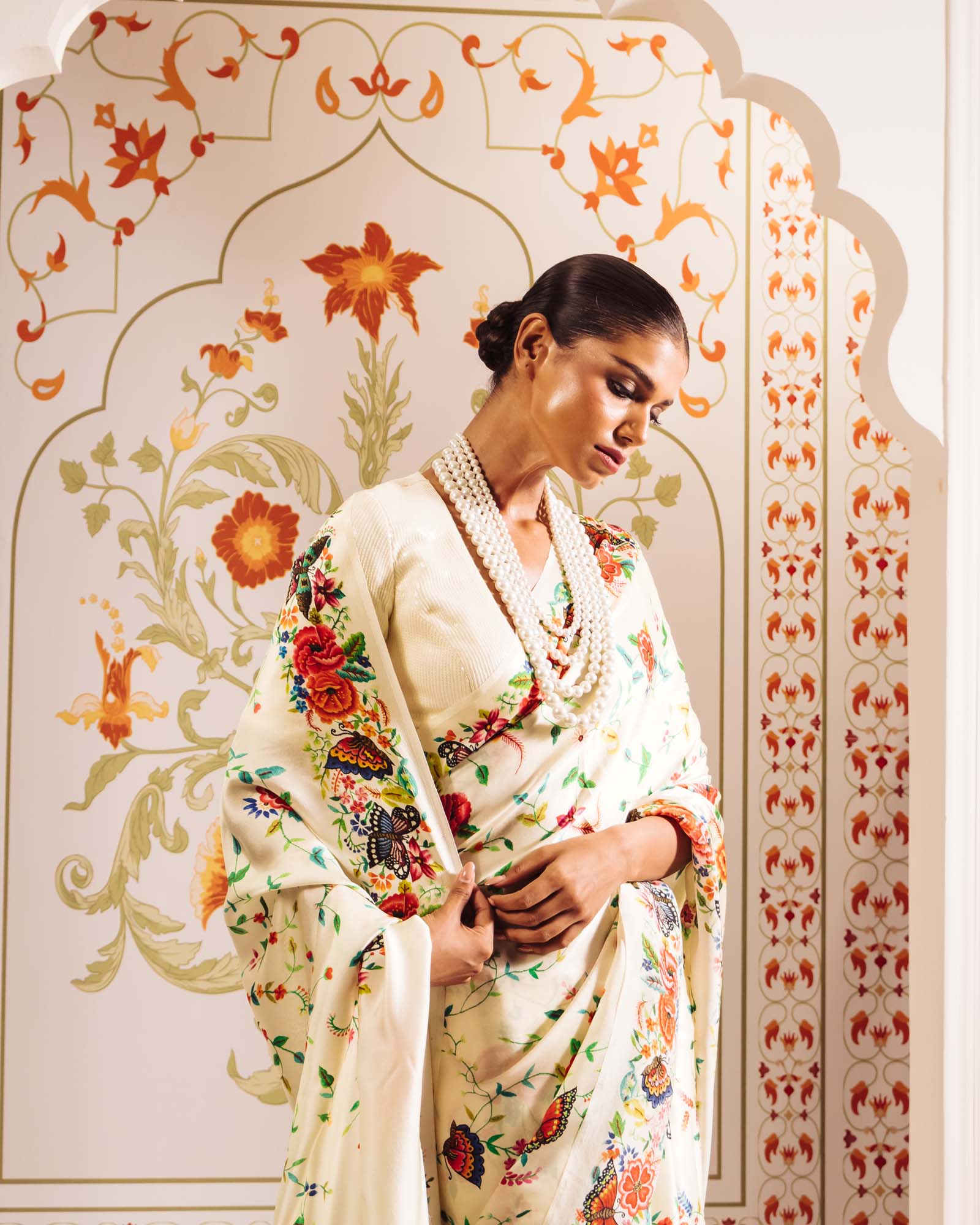 White Satin Crepe Silk Saree