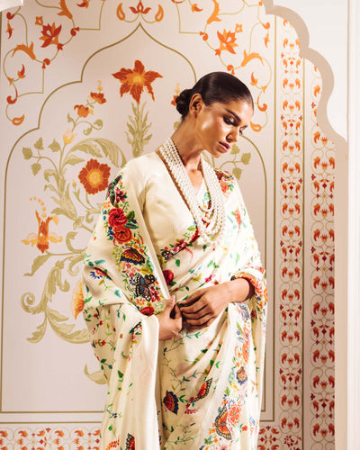 White Satin Crepe Silk Saree