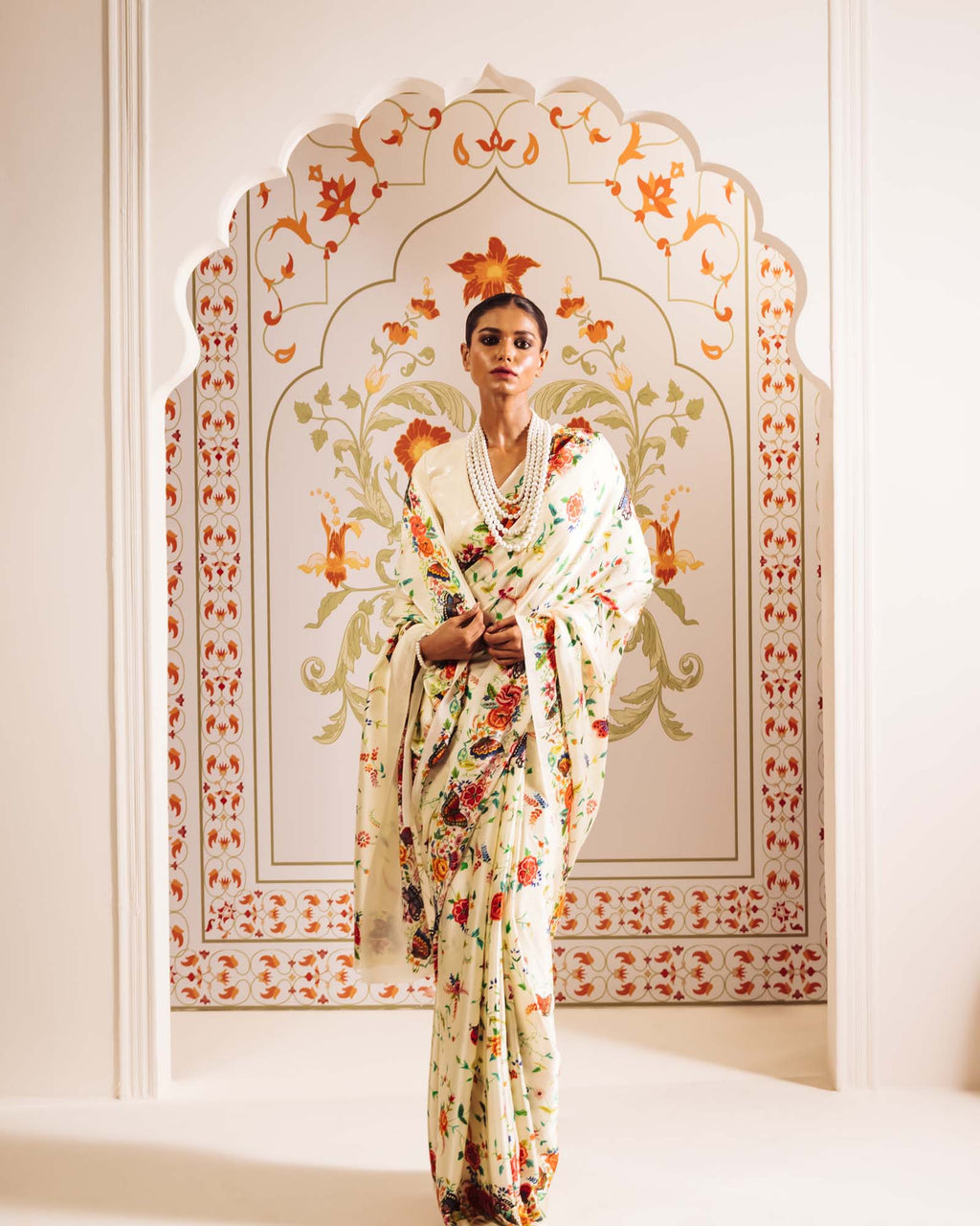 White Satin Crepe Silk Saree