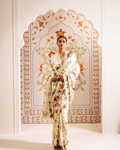 White Satin Crepe Silk Saree