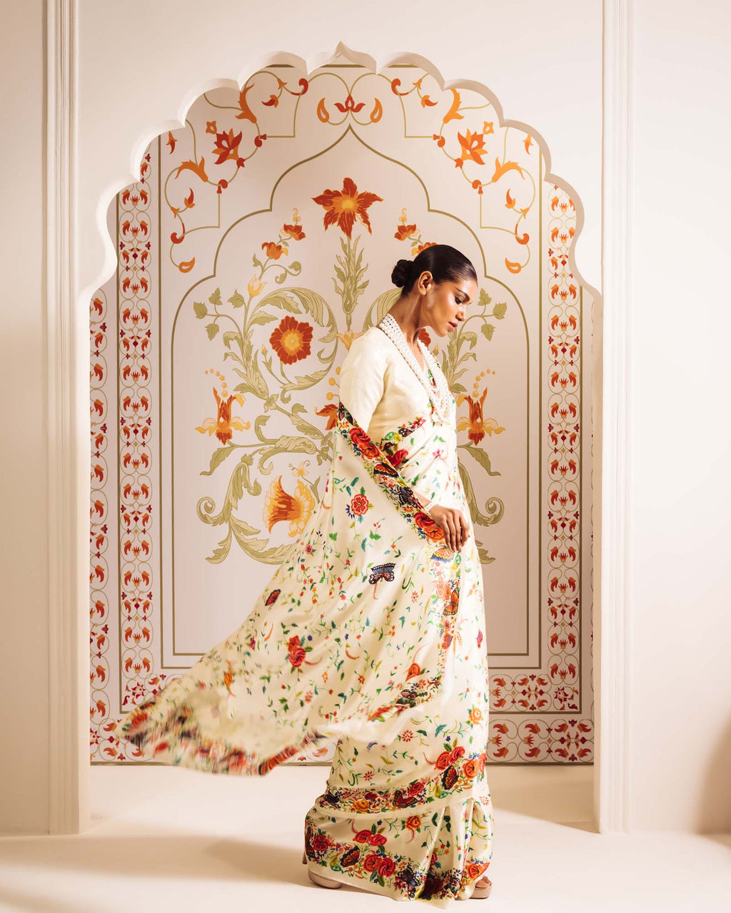 White Satin Crepe Silk Saree