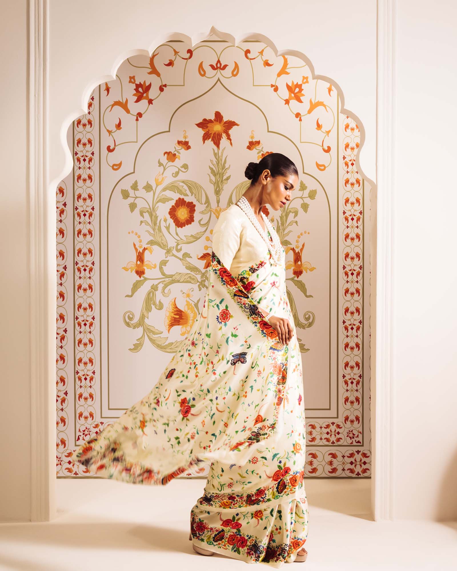 White Satin Crepe Silk Saree