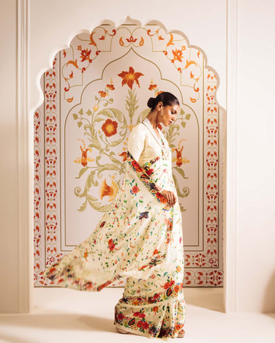 White Satin Crepe Silk Saree