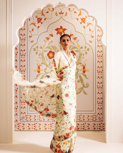 White Satin Crepe Silk Saree