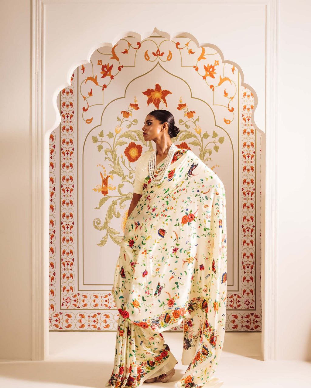 White Satin Crepe Silk Saree