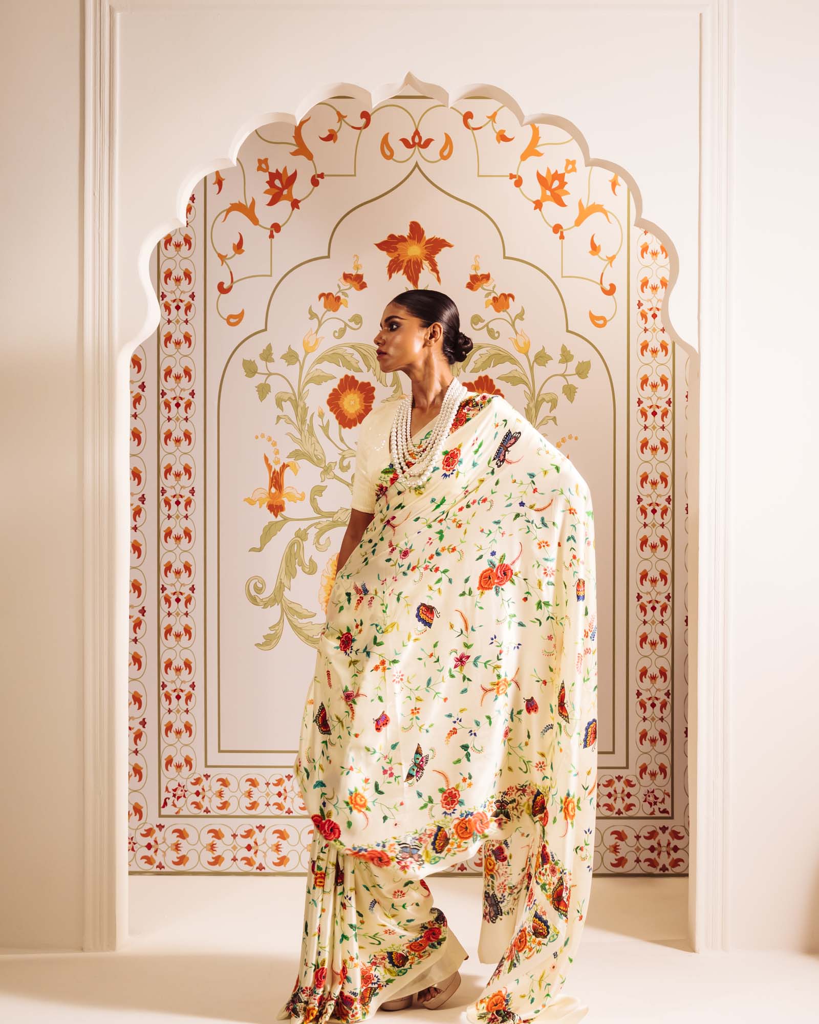 White Satin Crepe Silk Saree