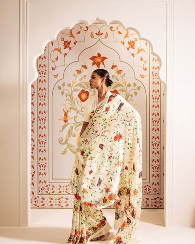 White Satin Crepe Silk Saree