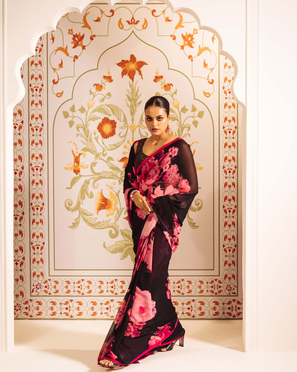 Black Satin Crepe Saree