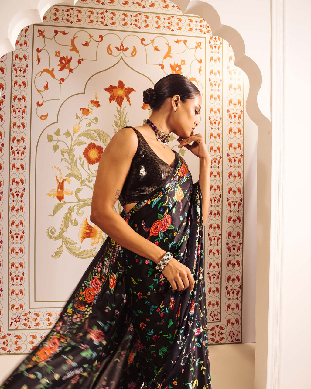 Black Satin Crepe Silk Saree