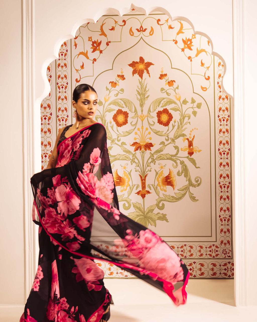Black Satin Crepe Saree