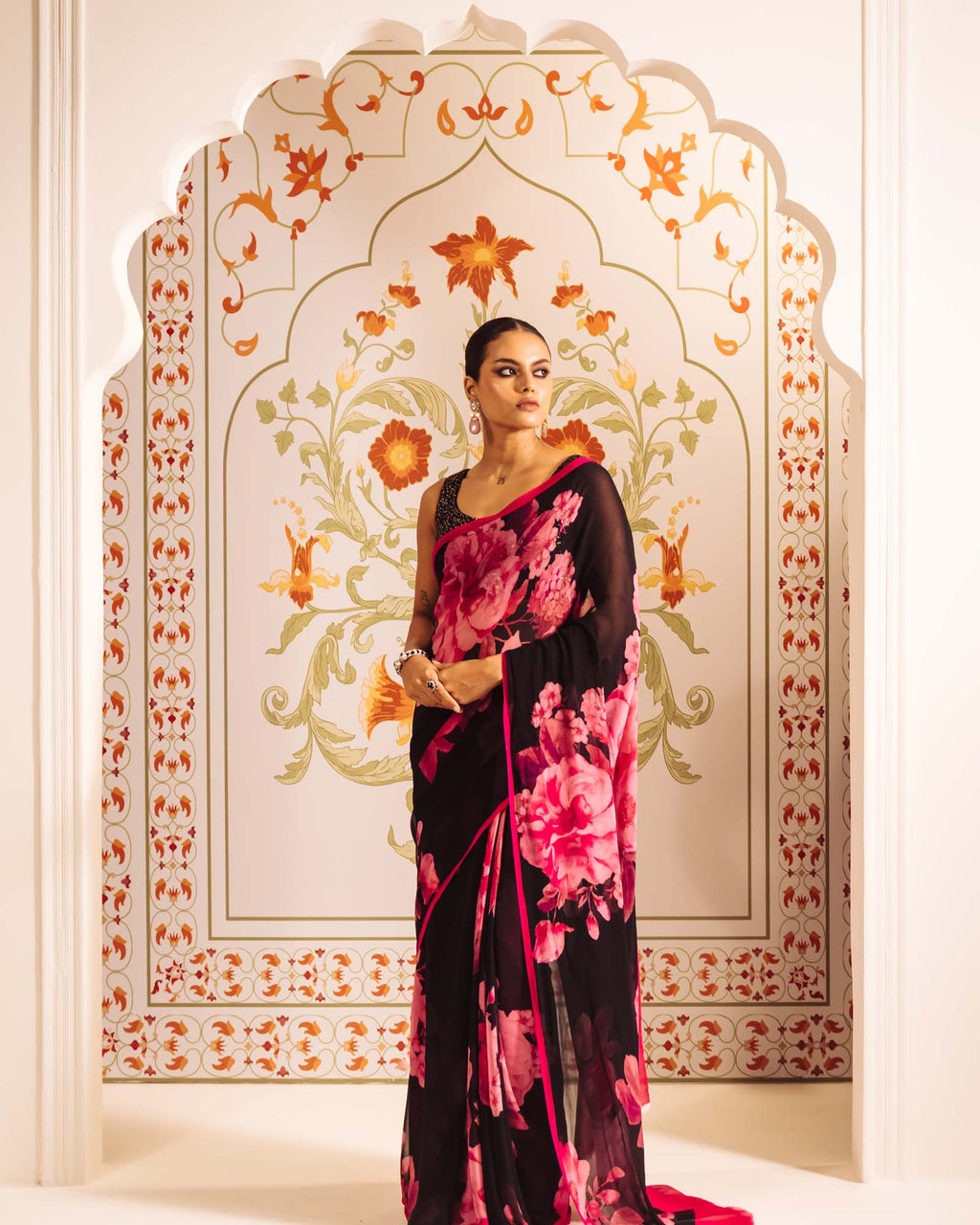 Black Satin Crepe Saree