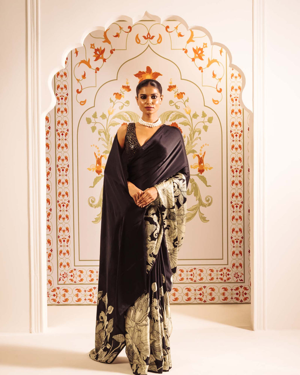 Black Satin Crepe Silk Saree