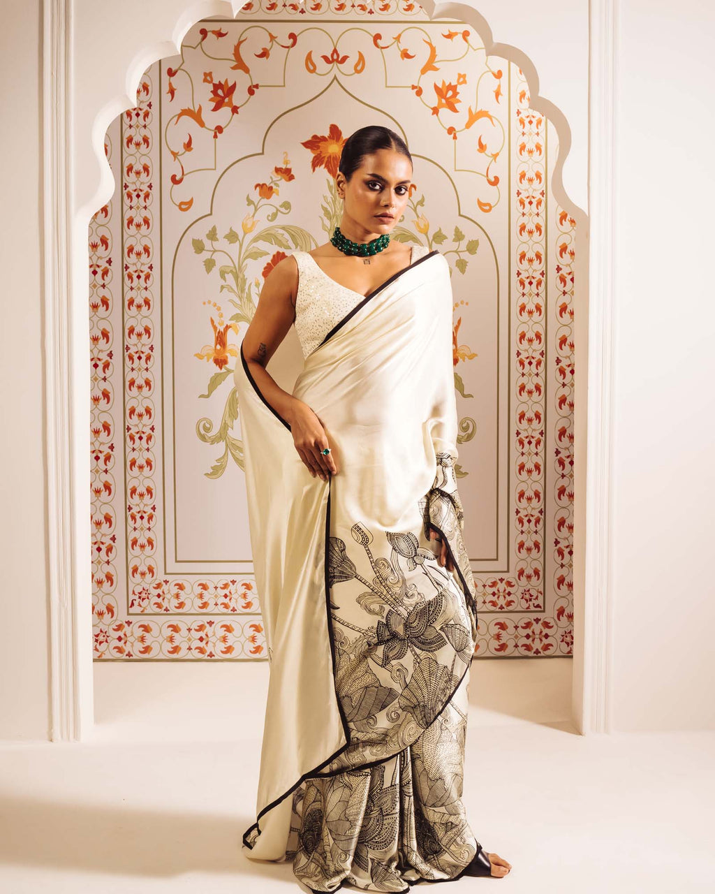 White Satin Crepe Silk Saree