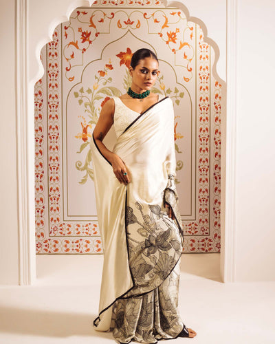 White Satin Crepe Silk Saree