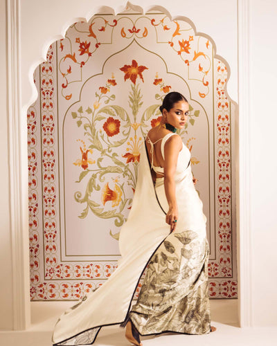 White Satin Crepe Silk Saree