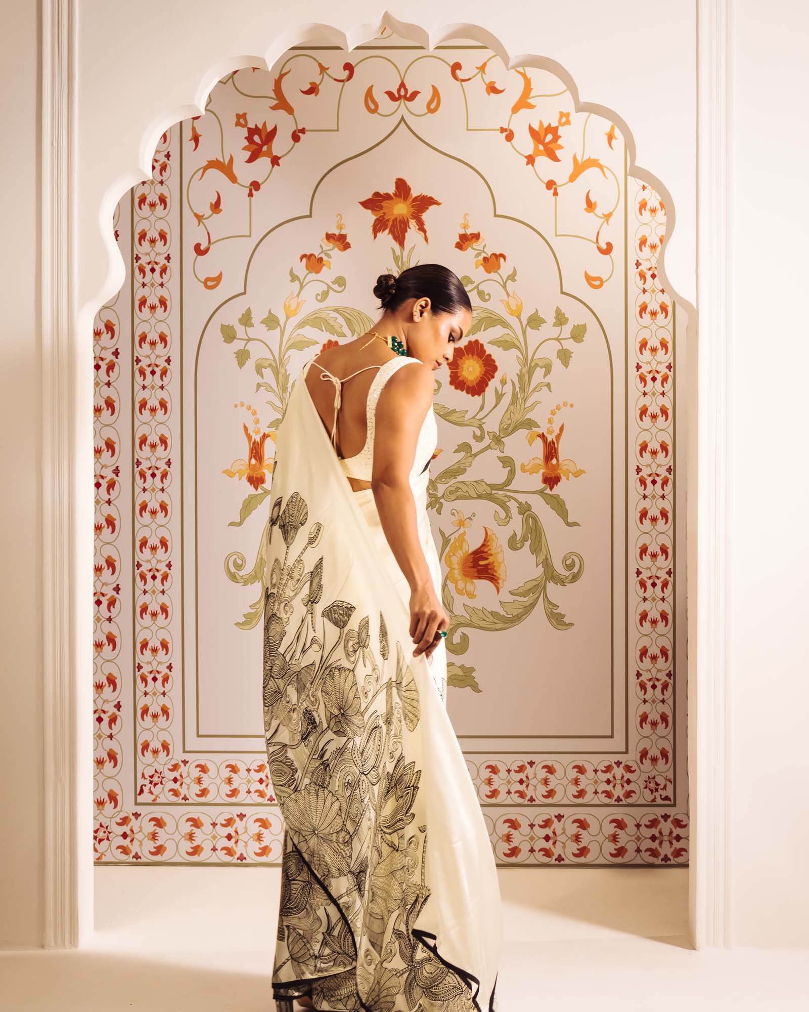 White Satin Crepe Silk Saree