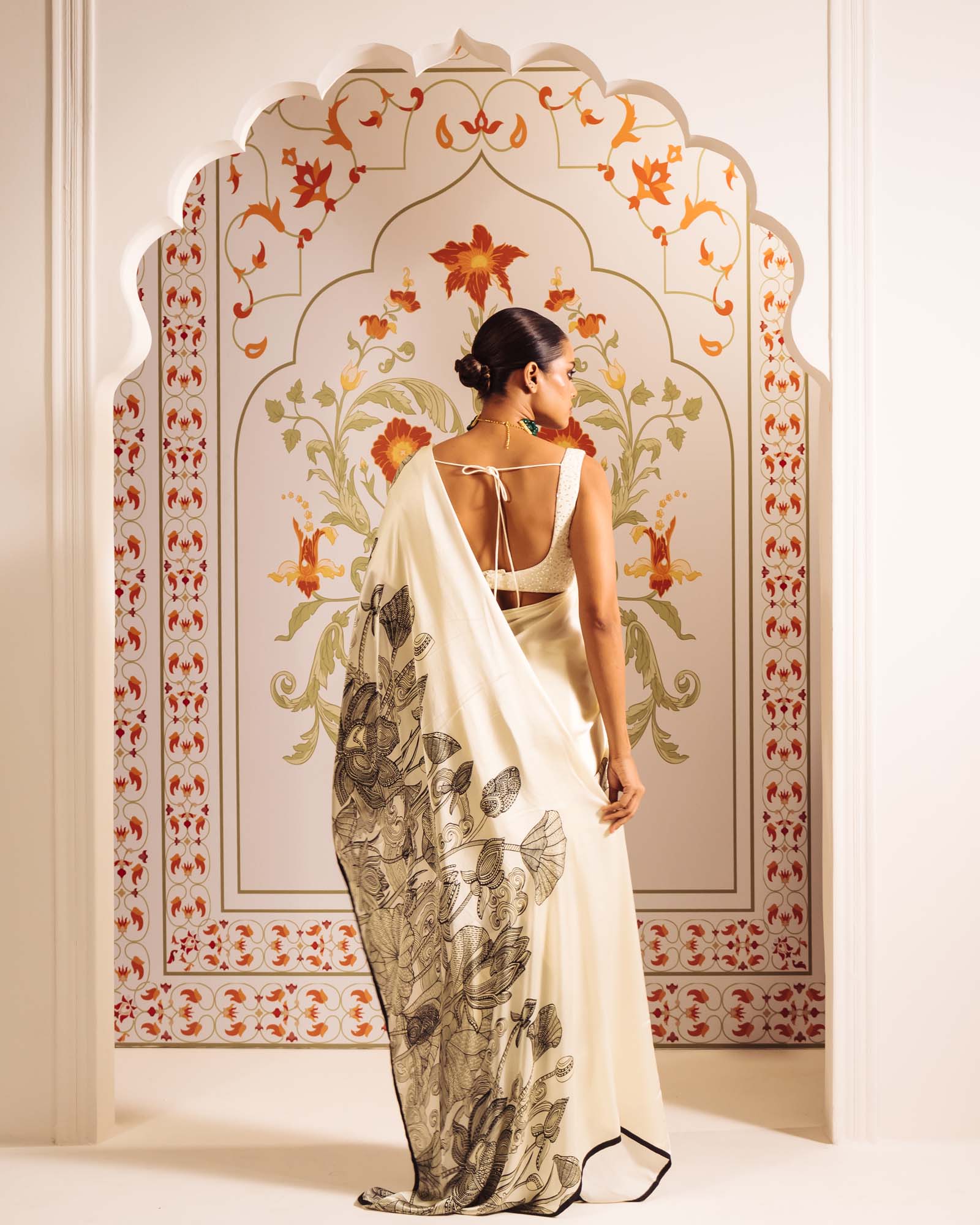 White Satin Crepe Silk Saree