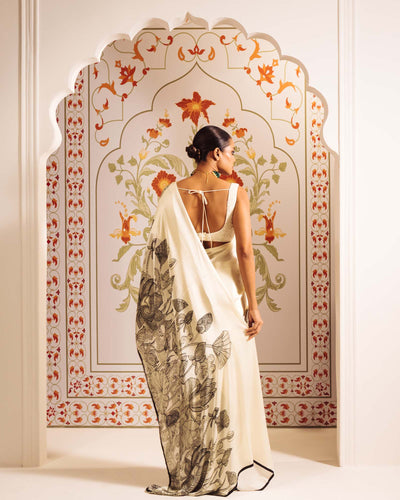 White Satin Crepe Silk Saree