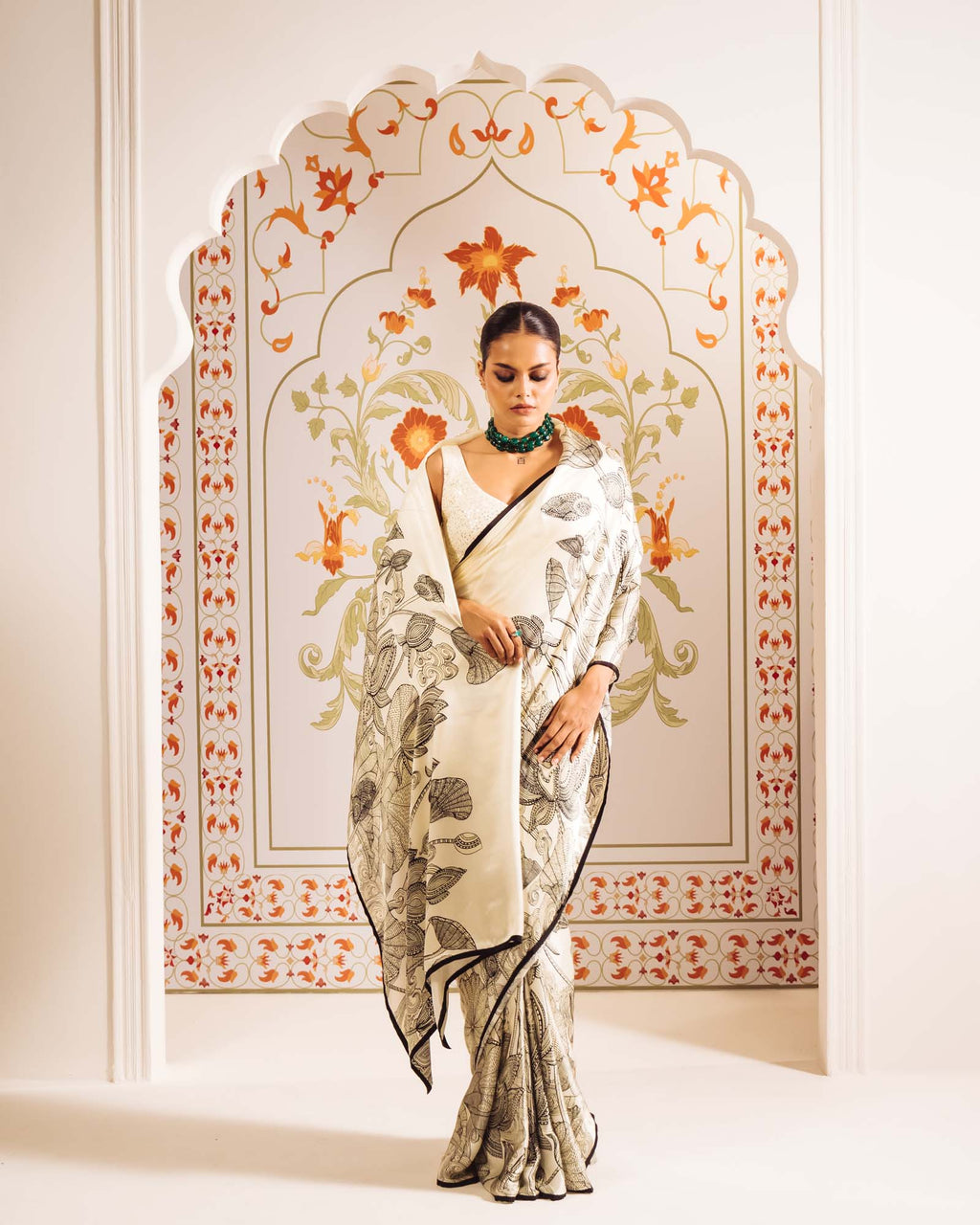 White Satin Crepe Silk Saree