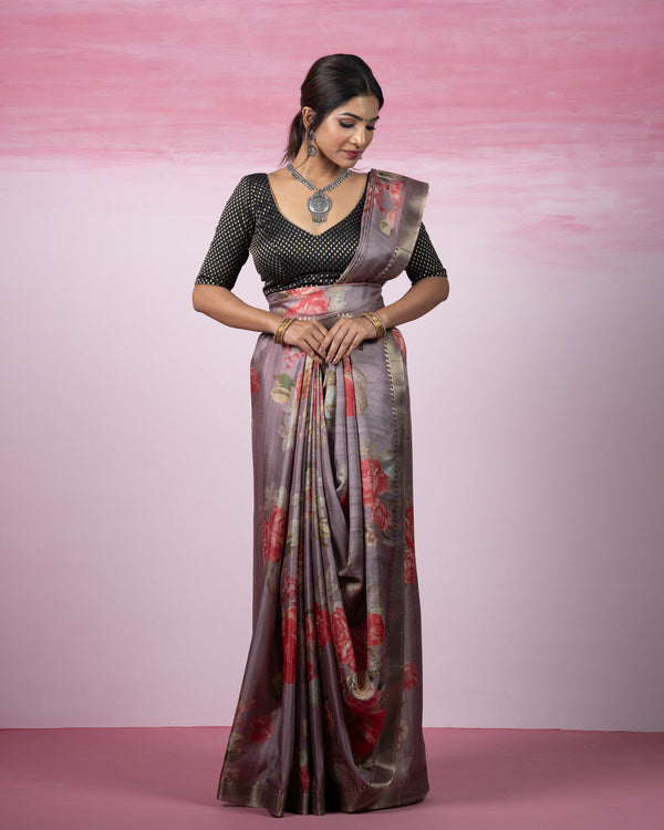 Purple Printed  Blended Tussar Silk Saree