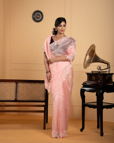 Peach Organza Embroidered Saree