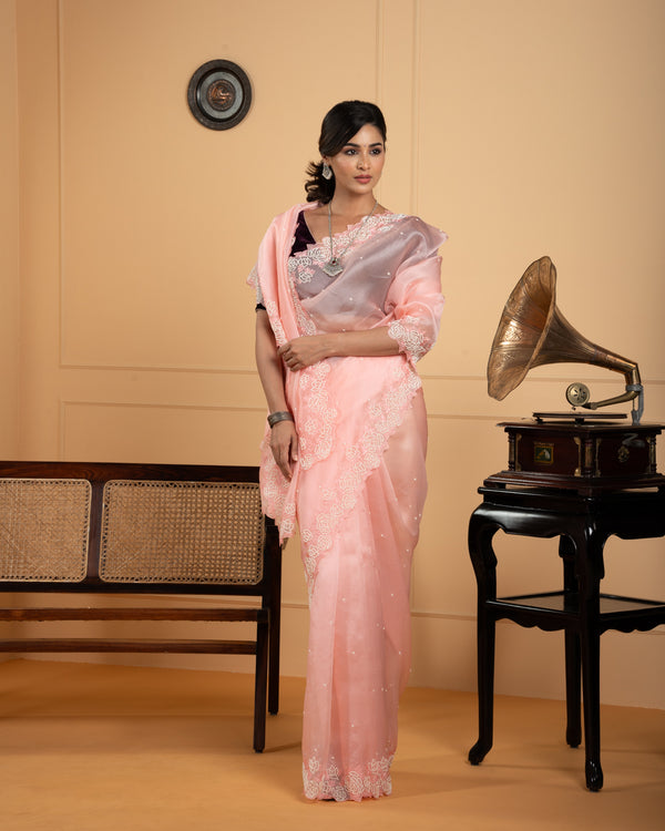 Peach Organza Embroidered Saree