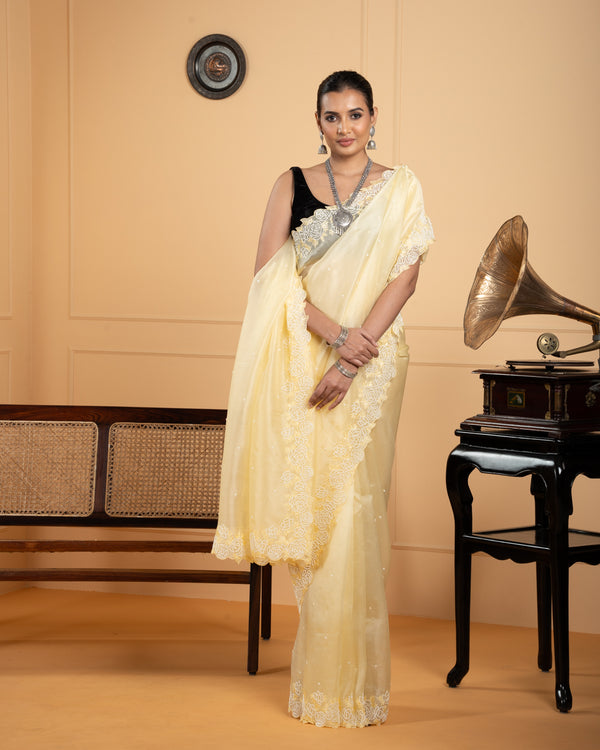Yellow Organza Embroidered Saree