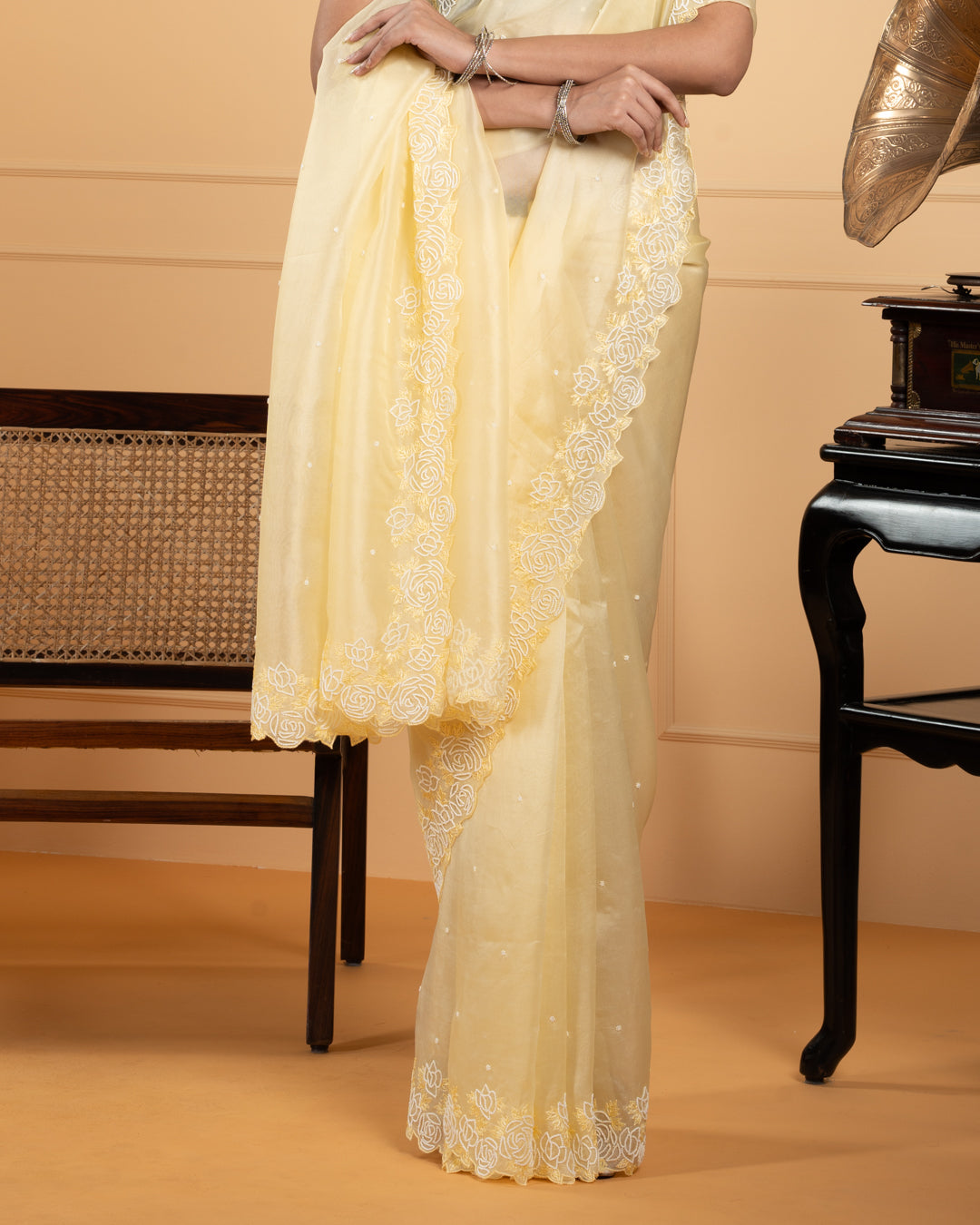 Yellow Organza Embroidered Saree