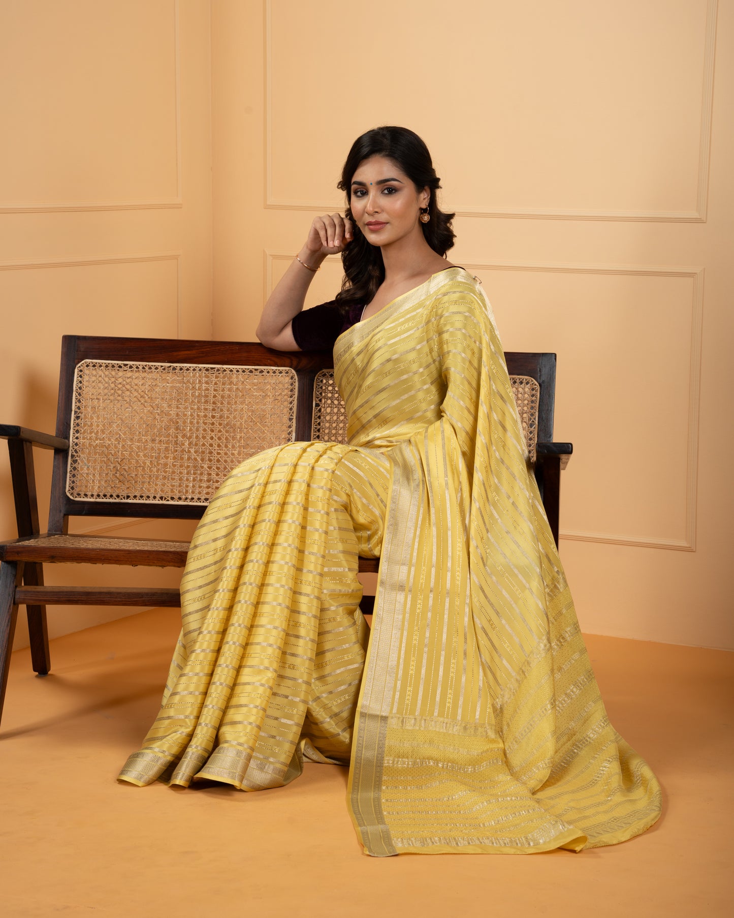 Black & Yelllow Crepe Silk Readymade/Easy Saree