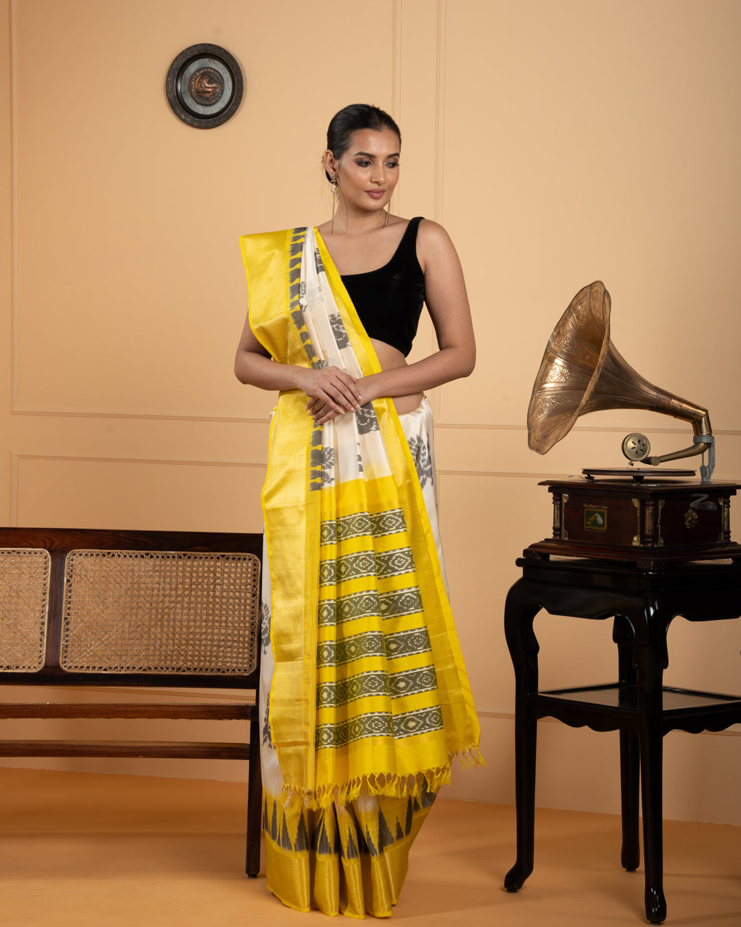 Off-White Ikkat Silk Saree