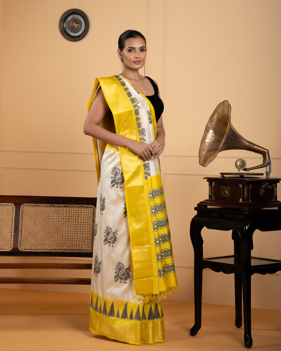 Off-White Ikkat Silk Saree