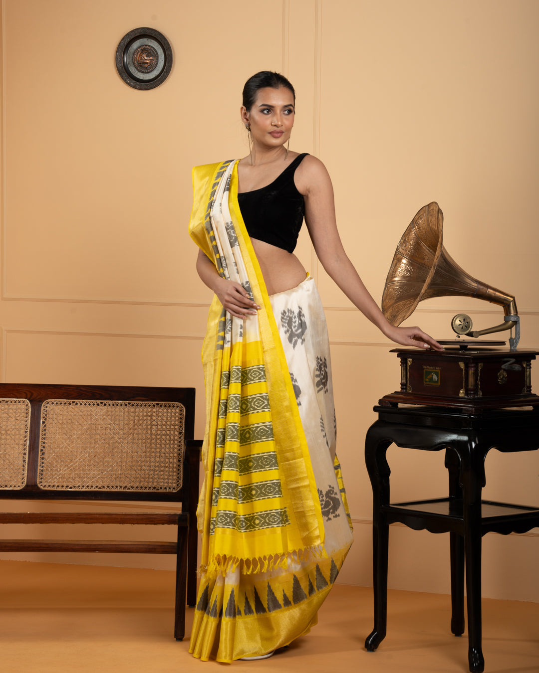Off-White Ikkat Silk Saree