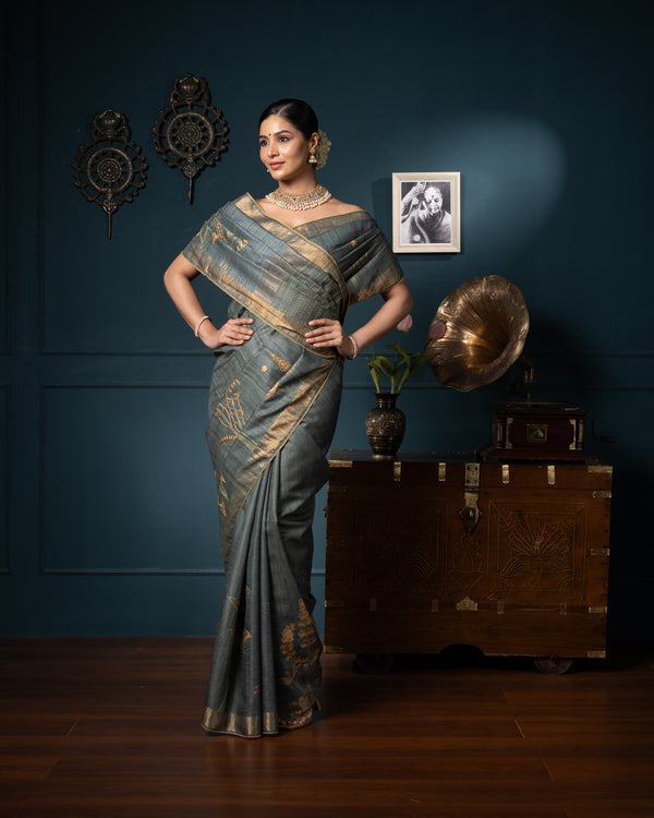 Grey Printed Tussar Silk Saree