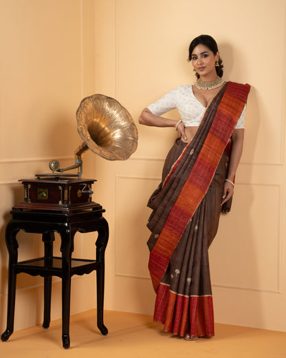 Brown Printed Tussar Silk Saree