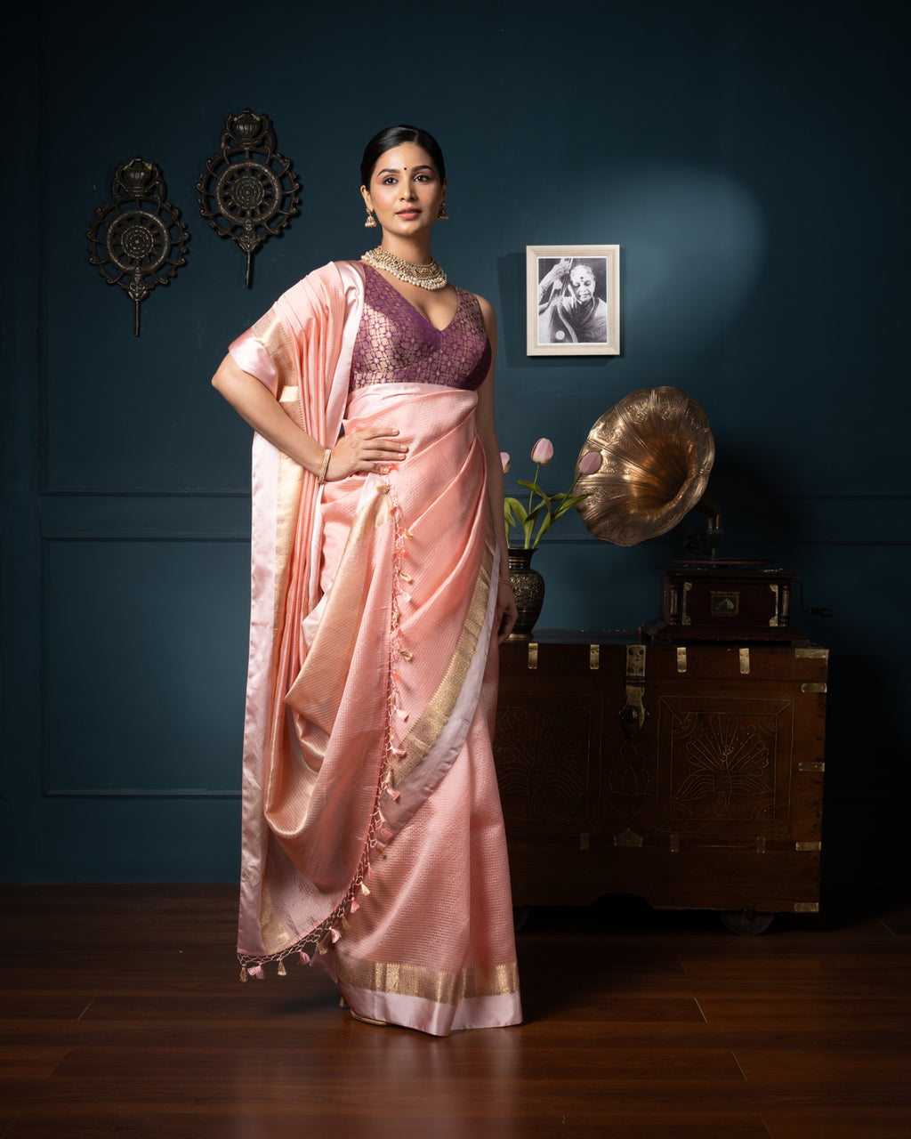 Peach Chanderi Silk Saree