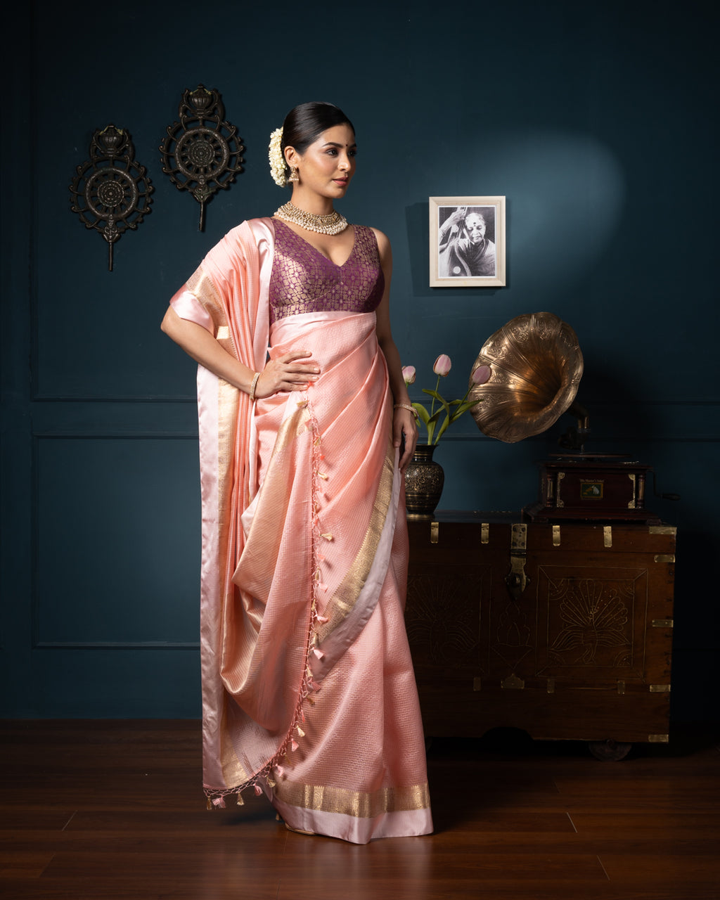 Peach Chanderi Silk Saree