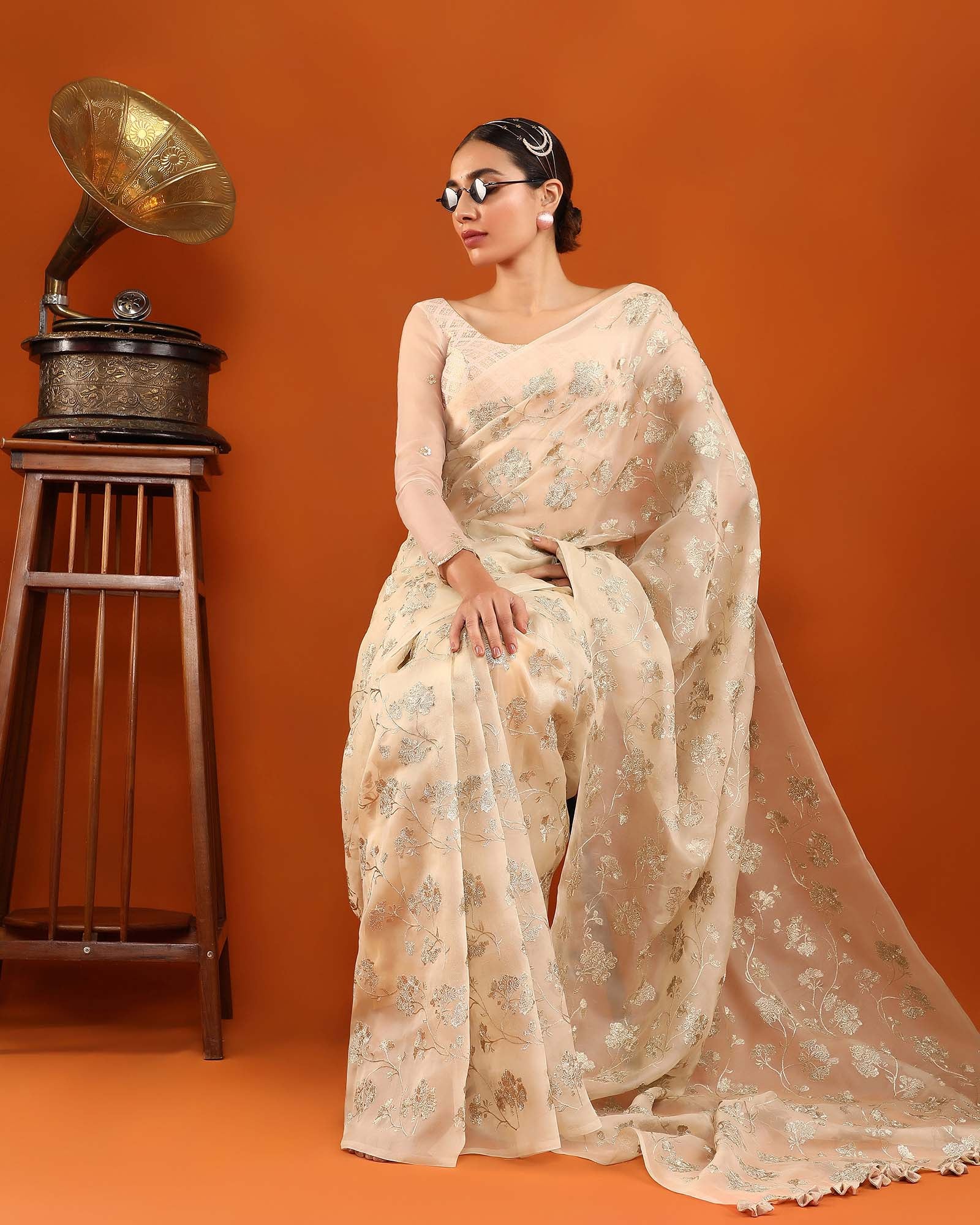 Beige Organza Silk Saree