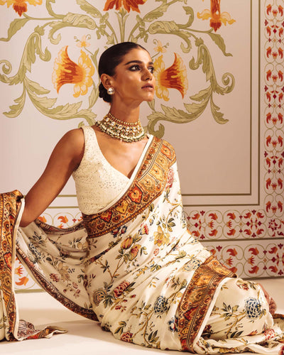 Cream Satin Crepe Silk Saree