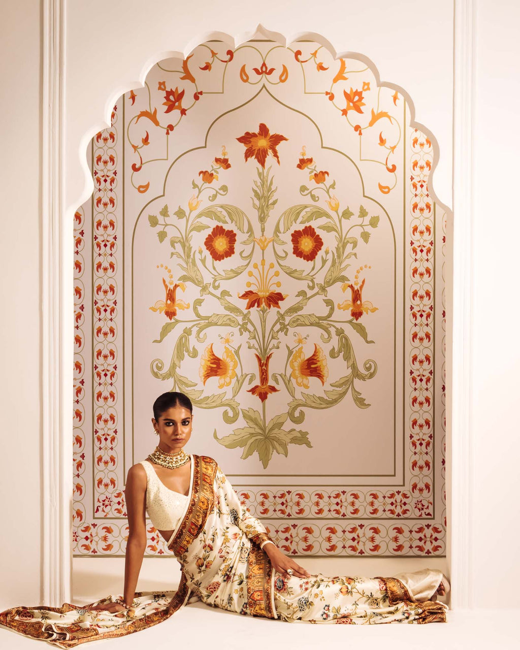 Cream Satin Crepe Silk Saree