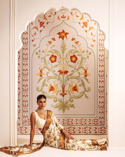 Cream Satin Crepe Silk Saree